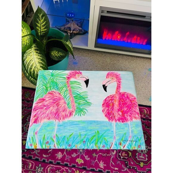 Flamingo Tray Table Hand Painted Coastal Original Vintage Rare Wood L19” W14” H2 - Picture 2 of 16